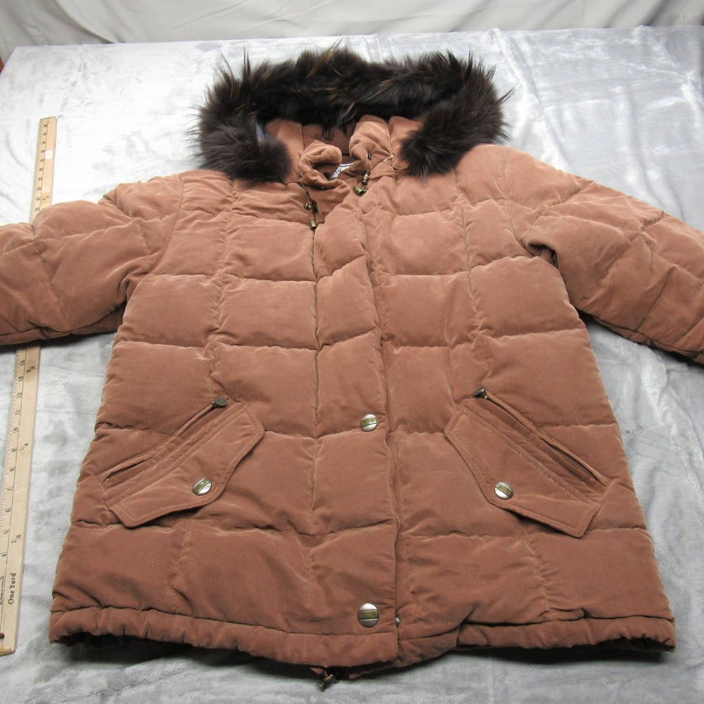 Bernardo Down Jacket Womens XS‎ Brown Hooded Pockets Parka Winter Faux Fur Trim